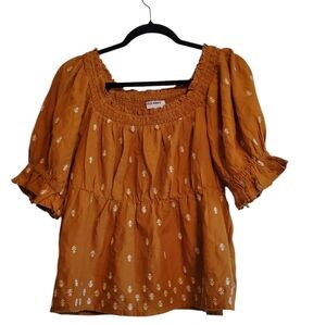 Old Navy Peasant Top Women's Large Top Mustard  Embroidered Puff Sleeve